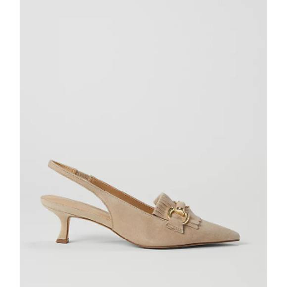 NWOB Ann Taylor Horsebit Fringe Suede Kitten Heels Tan Gold 9 - Picture 9 of 9